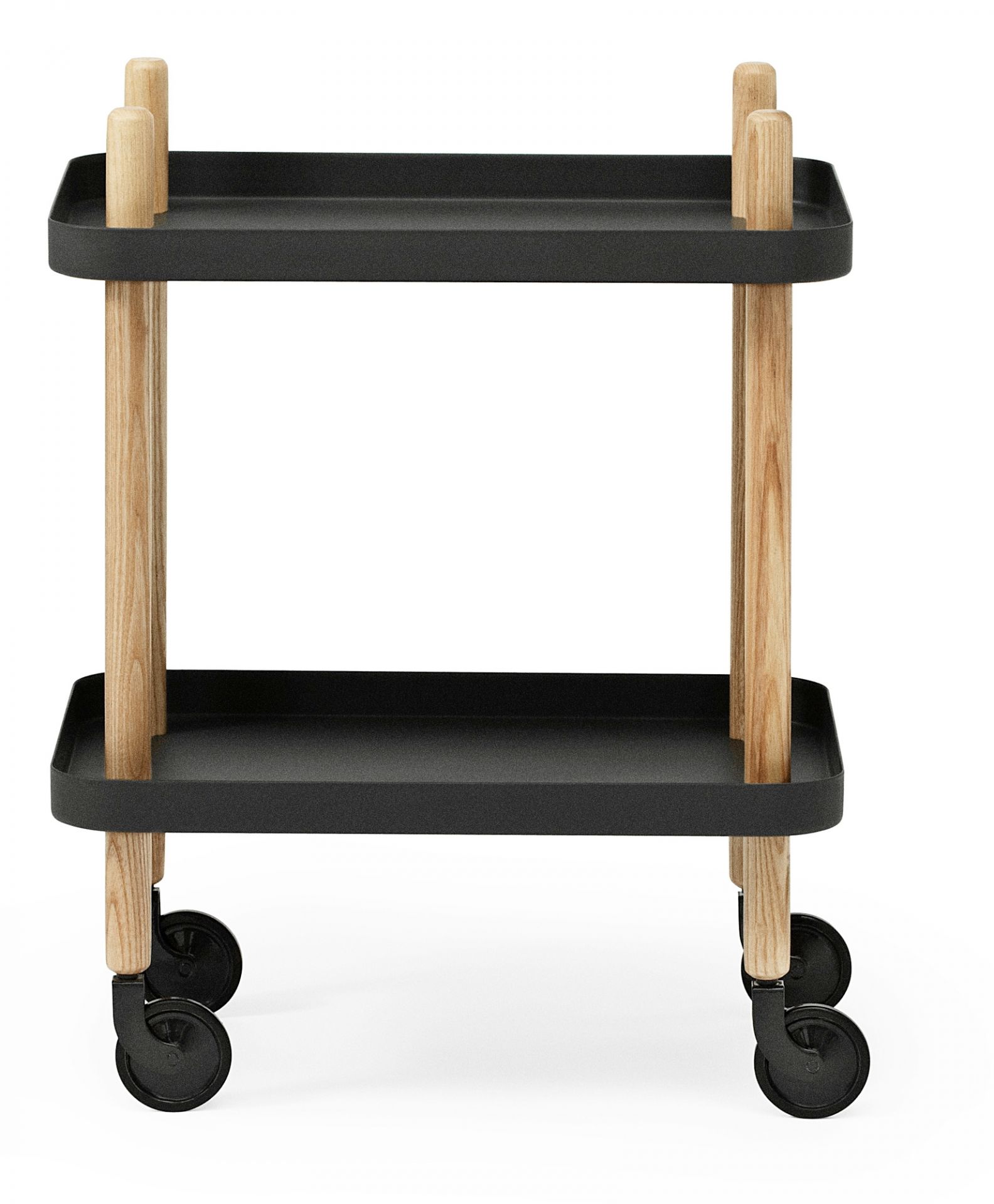 Normann Copenhagen Block Table Servierwagen in Schwarz mit zwei Ablageflächen und Rollen.