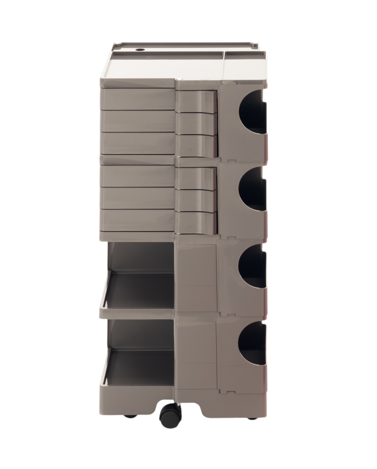 Boby Rollcontainer B46 Cumin: Moderner, grauer Rollwagen mit Schubladen und Ablagefächern auf Rollen.