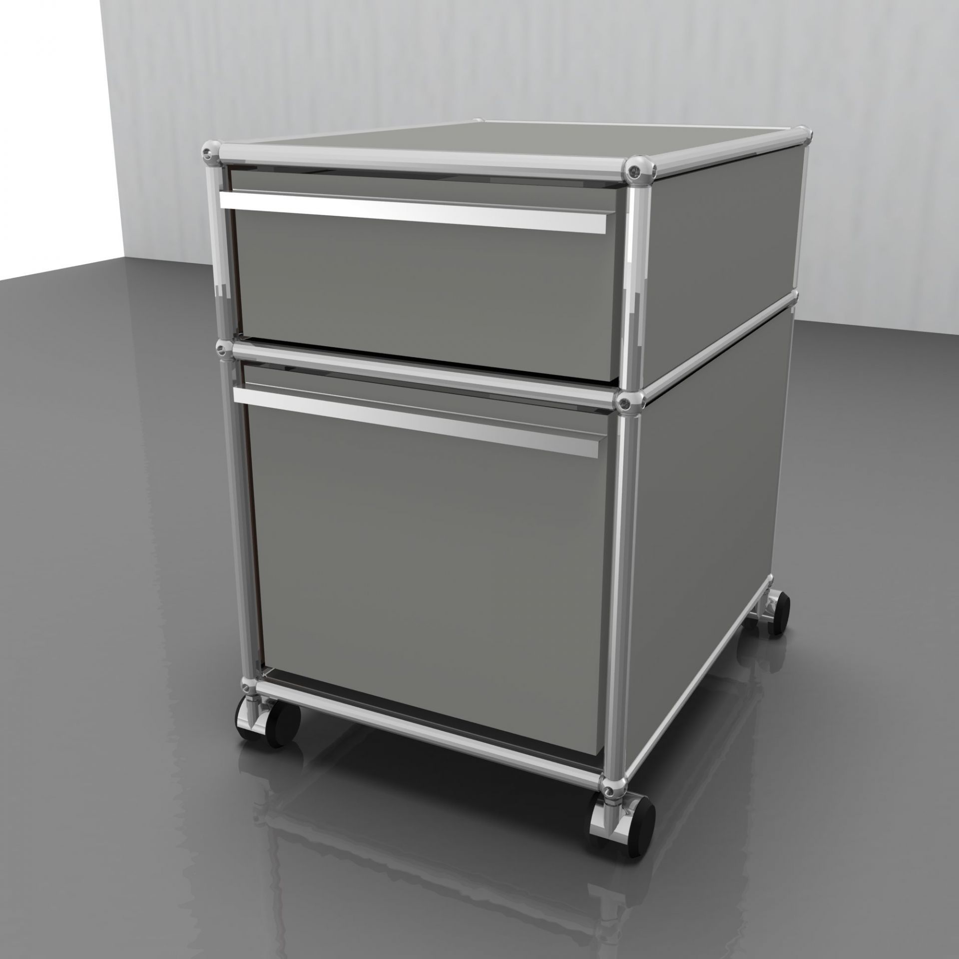 USM Haller Rollcontainer lichtgrau mit zwei Schubladen und Hängeregistratur für Büro und Arbeitszimmer.