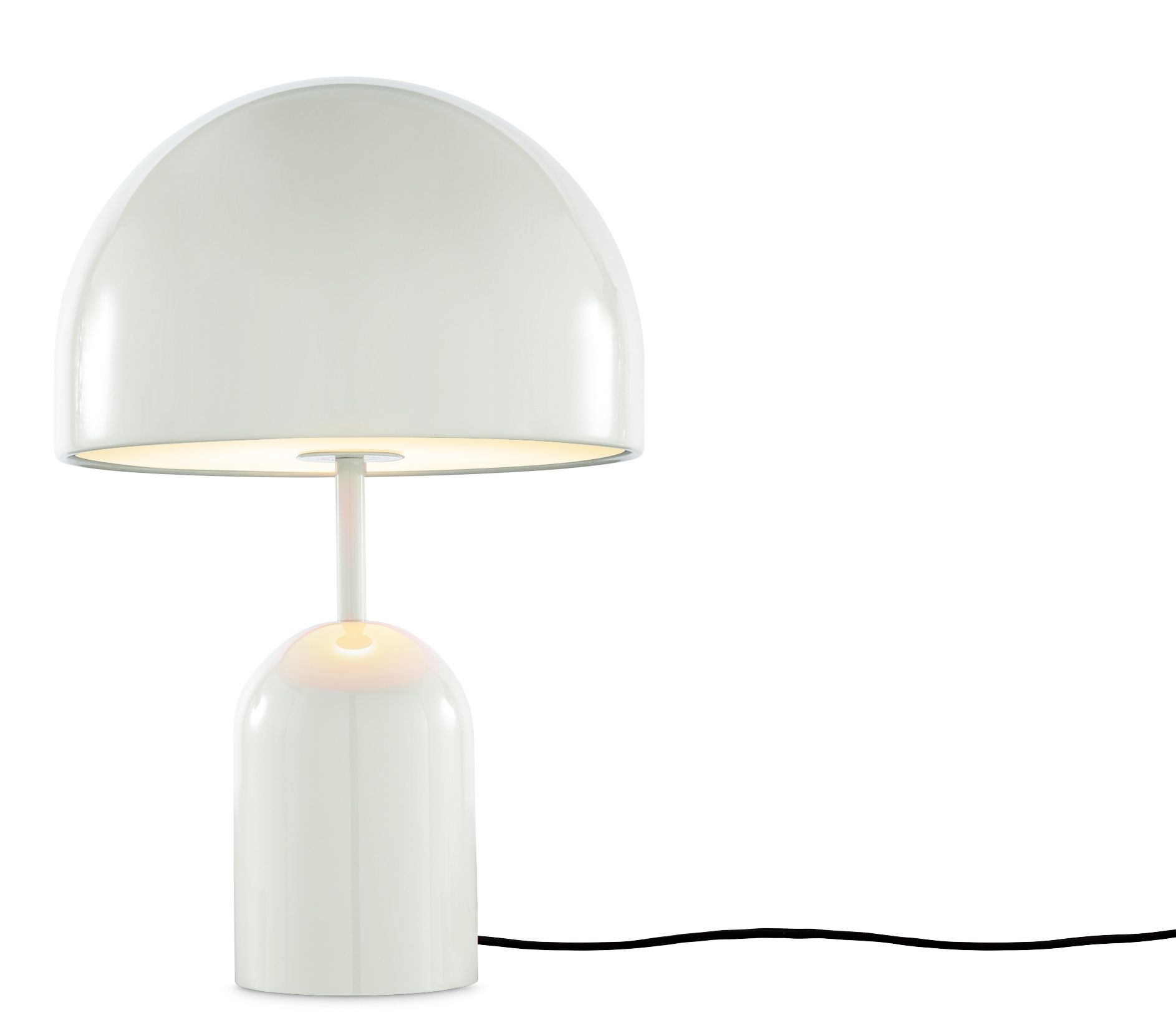 Helle, hellgraue Tom Dixon Bell Tischleuchte LED mit glänzendem Finish und warmem Licht.