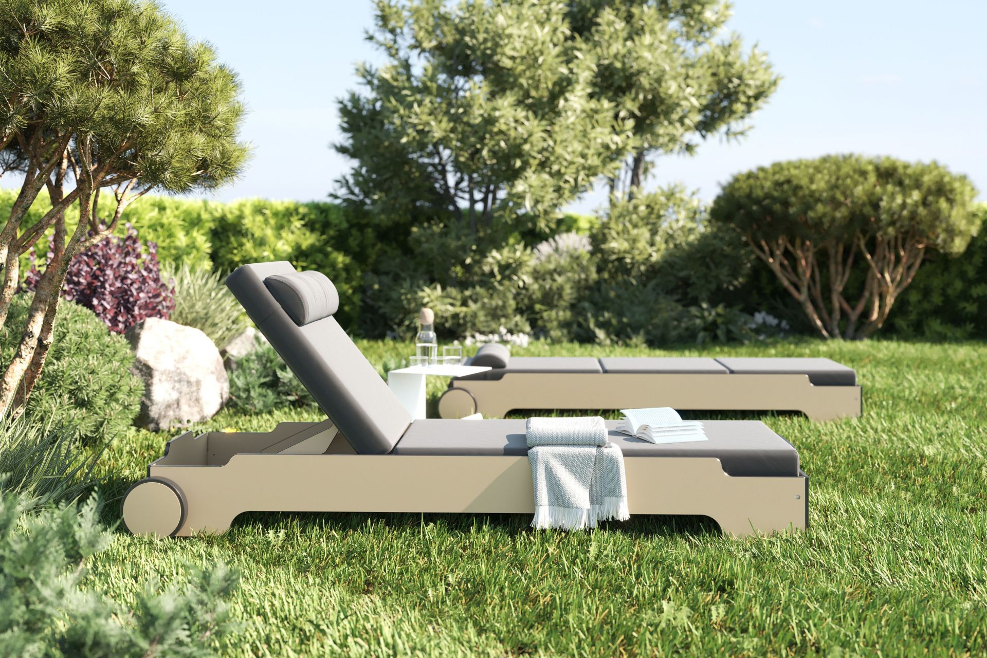Chaise longue empilable Solara avec roues et coussin Outdoor Müller Möbelwerkstätten