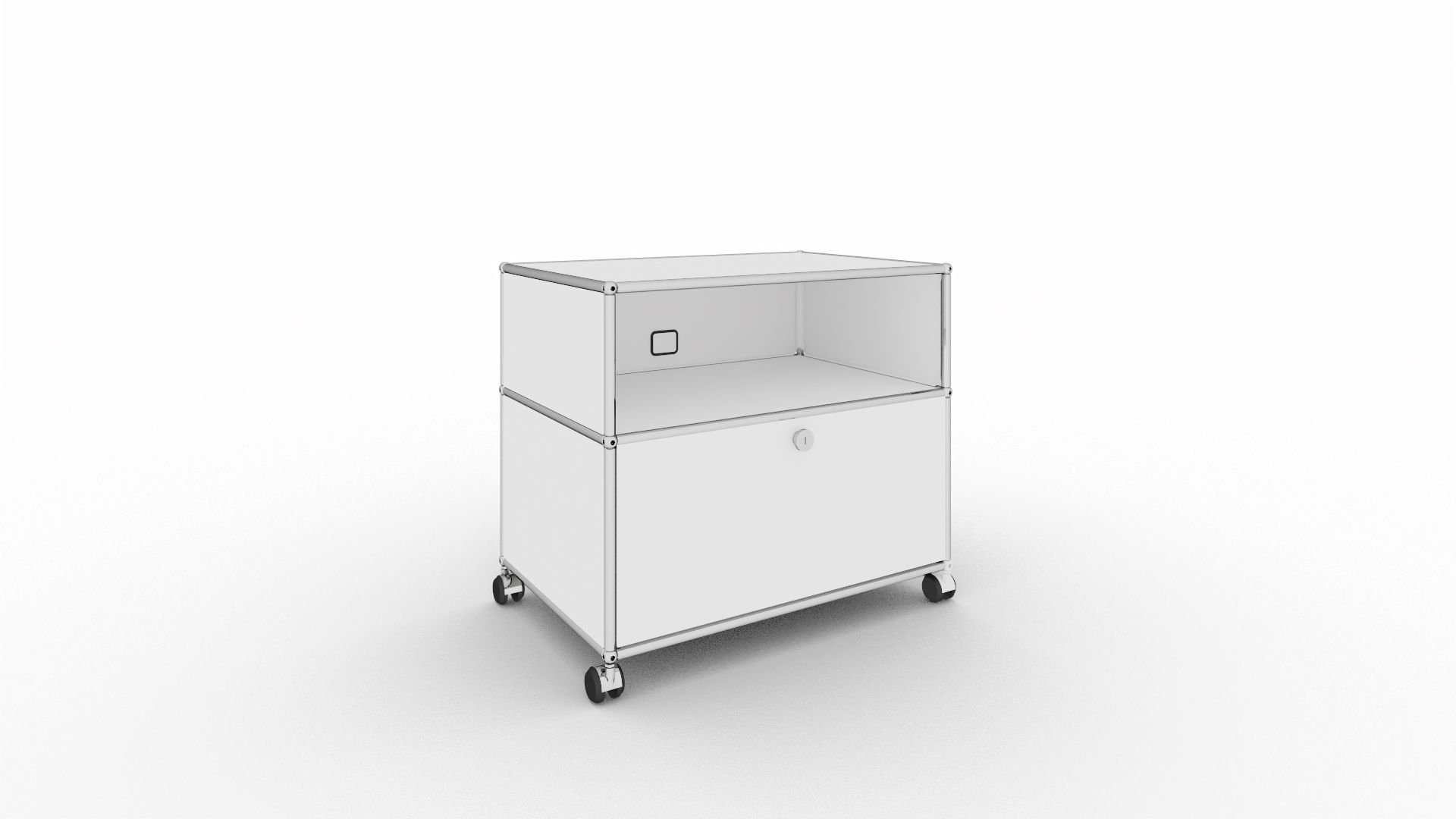 Weißes USM Haller TV Möbel auf Rollen mit Schublade und offenem Fach vor weißem Hintergrund.