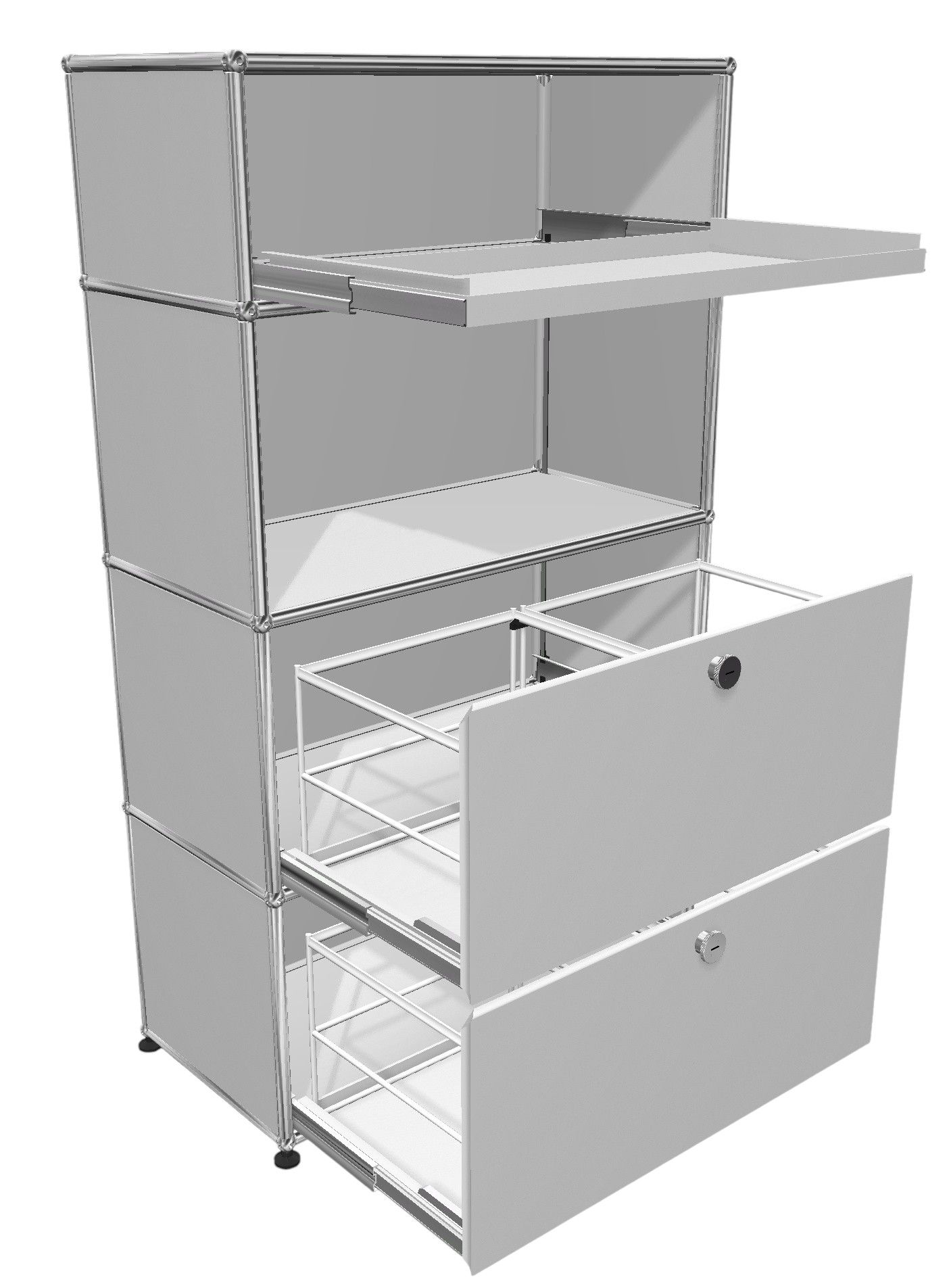 USM Haller Highboard 2 portes coulissantes / 1 porte escamotable / 1 tablette coulissante Blanc pur MEUBLES D'EXPOSITION / D'OCCASION 