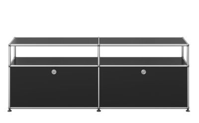 USM Haller Sideboard in Graphitschwarz mit zwei Schubladen und offenen Fächern für TV- und Hi-Fi-Geräte.