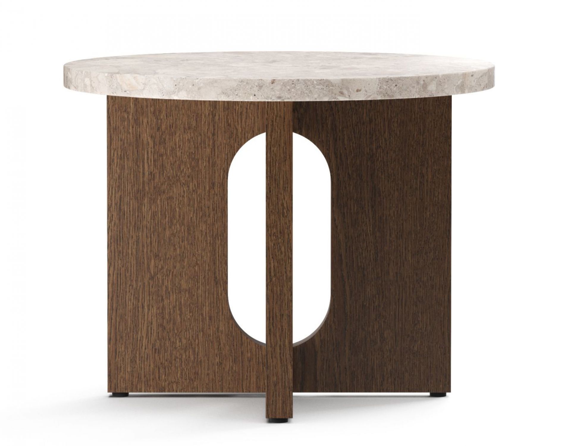 Androgyne table d'appoint Ø50 cm Audo Androgyne Beistelltisch mit runder Kunis Breccia Stone Tischplatte und dunkel gebeiztem Eichengestell.