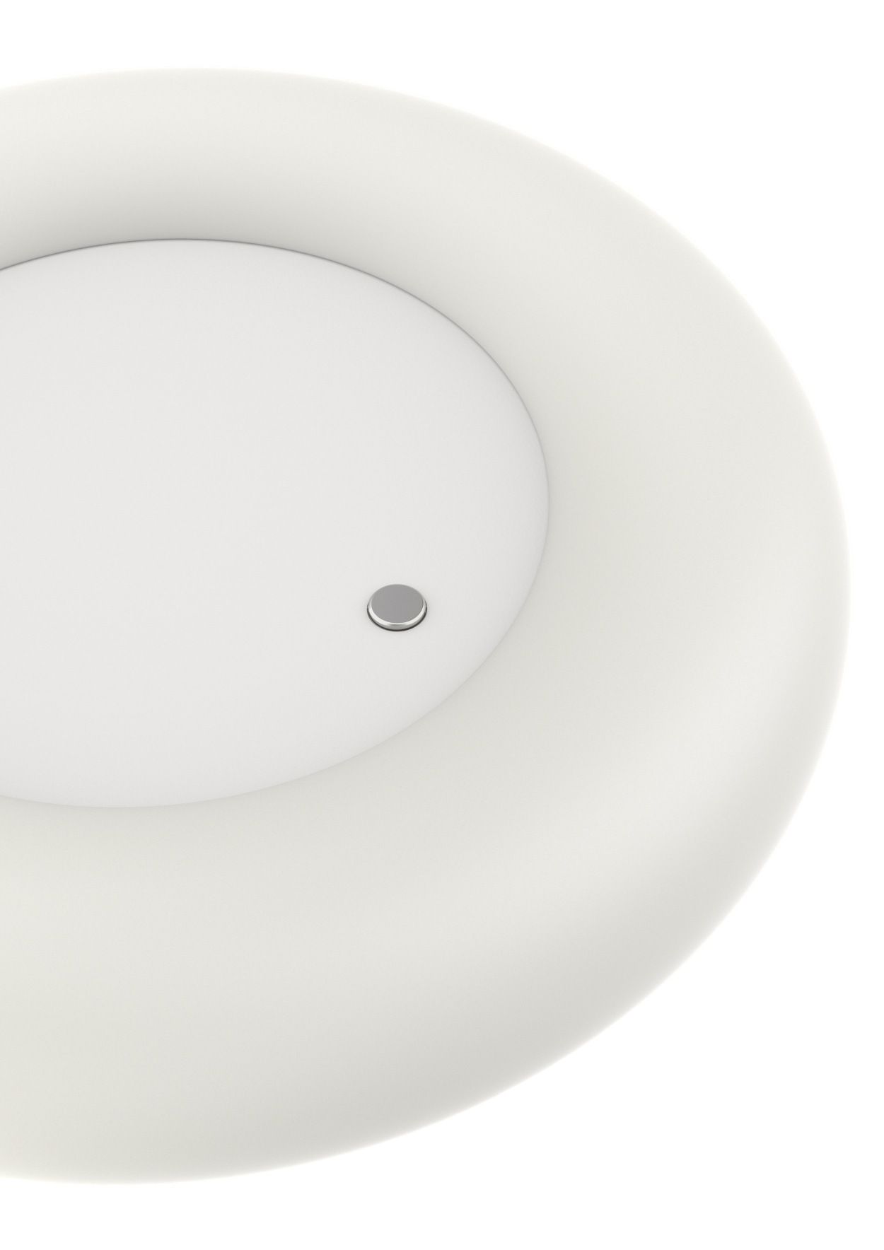 Detailaufnahme des runden Fußes der weißen Oto Stehleuchte von Belux mit Schalter.