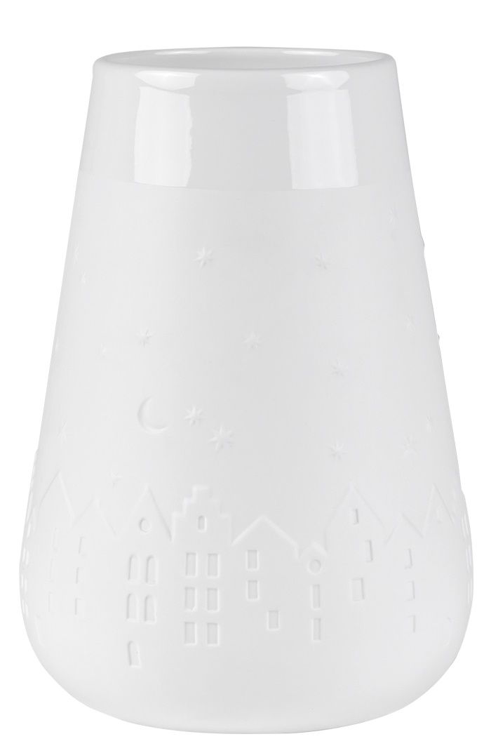 Weiße Poesie Vase "Winterstadt" von Räder mit geprägtem Winterstadt-Motiv, Sternen und Mond.