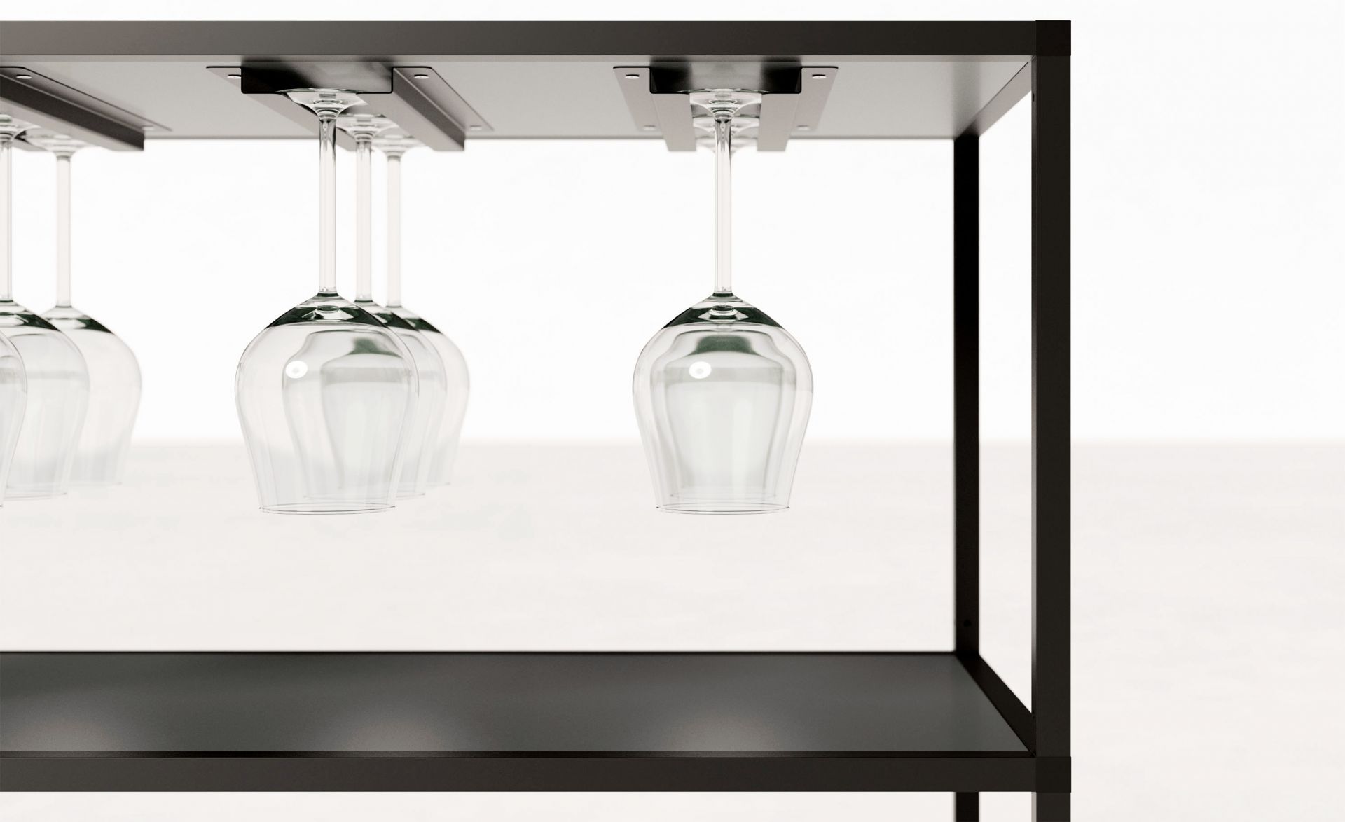 Schwarzes P4 Regal mit zwei Fächern und Gläserhalterung für Weingläser, modernes Möbeldesign.