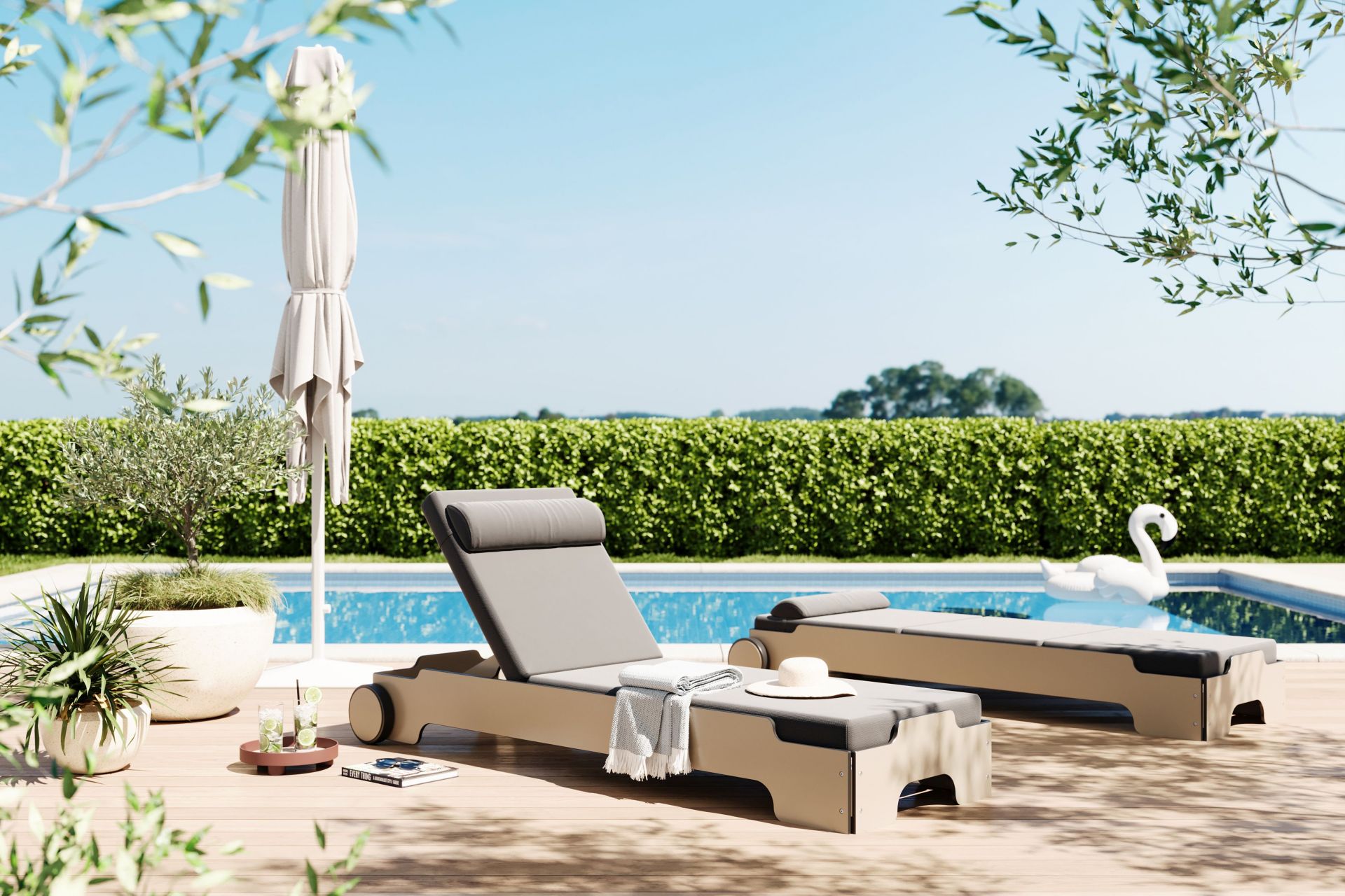 Chaise longue empilable Solara avec roues et coussin Outdoor Müller Möbelwerkstätten