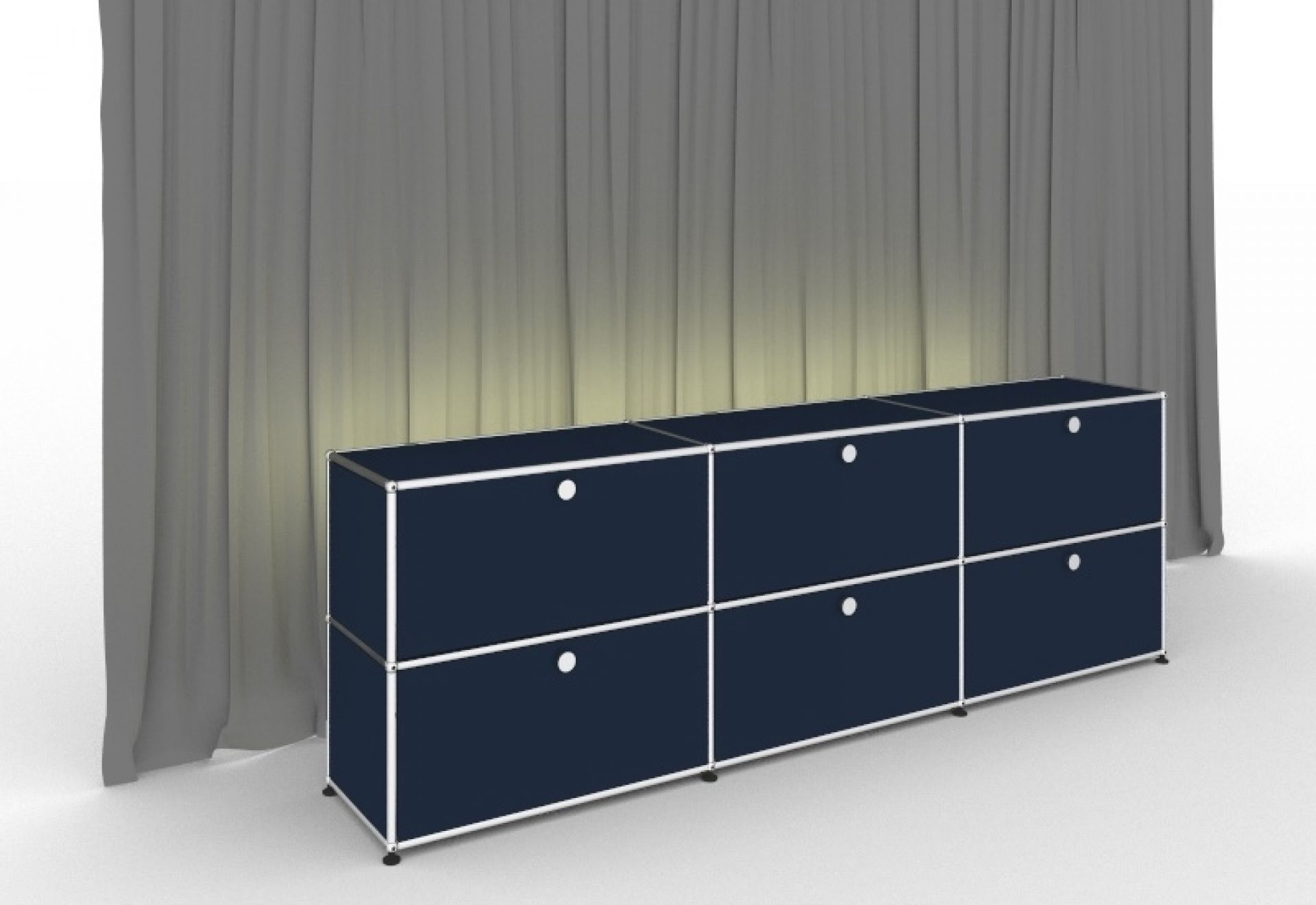 Beleuchtetes E Sideboard von USM Haller in Stahlblau mit sechs Klapptüren.