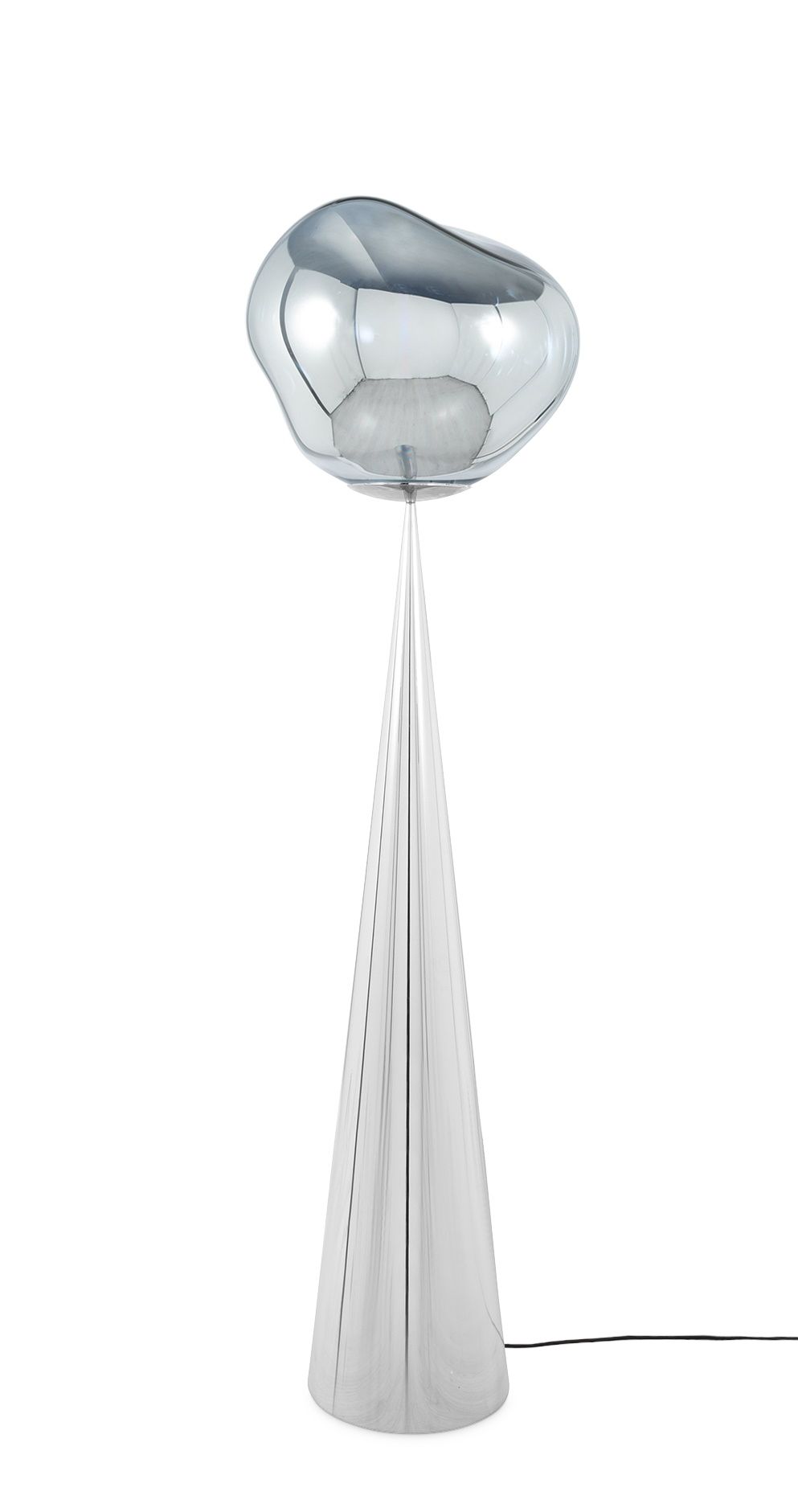Silberne Melt Cone Stehleuchte von Tom Dixon: Moderne Designerlampe mit konischem Fuß.