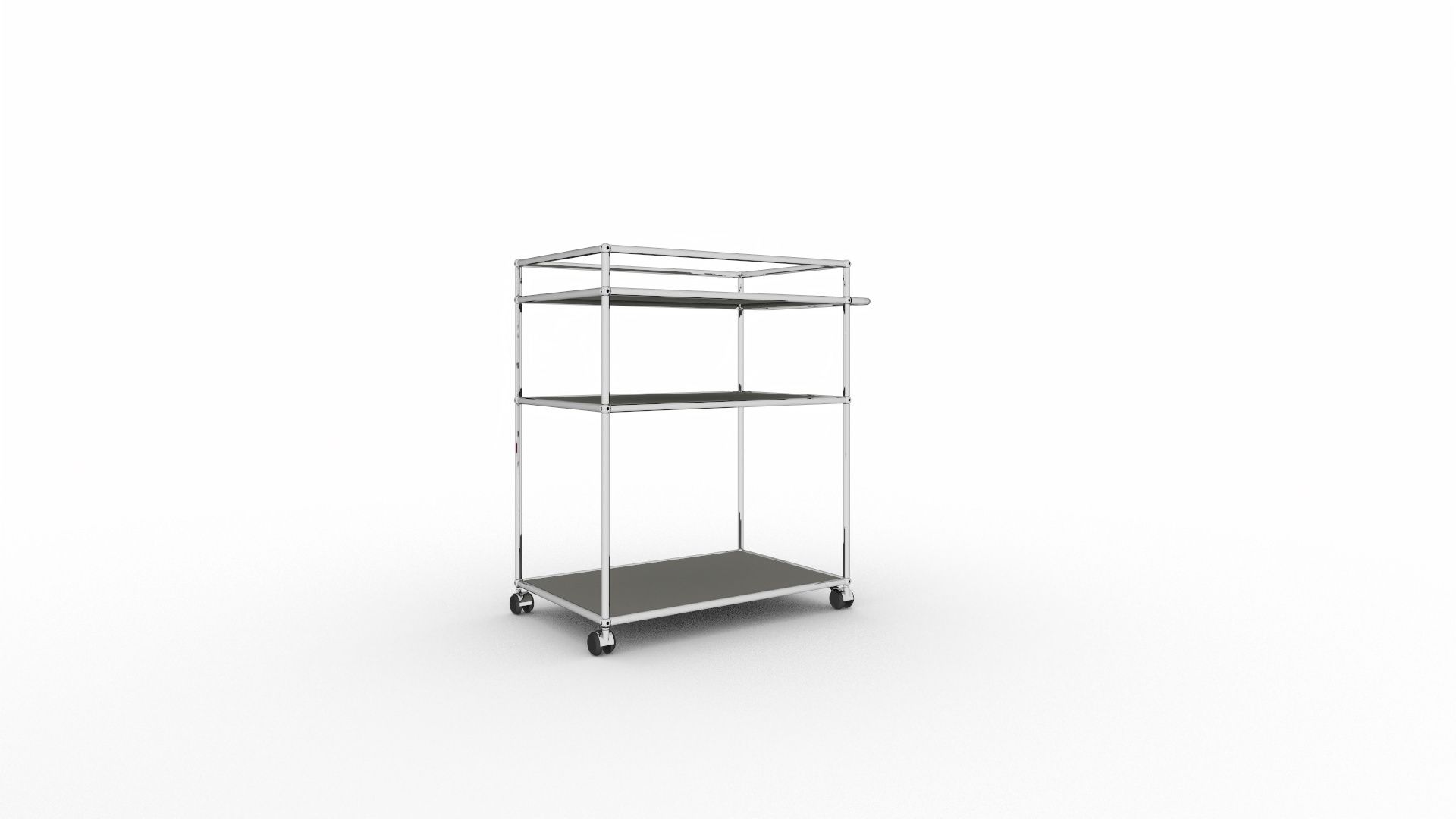 USM Haller Servierwagen in Mittelgrau mit drei Ebenen und Rollen für flexible Nutzung.