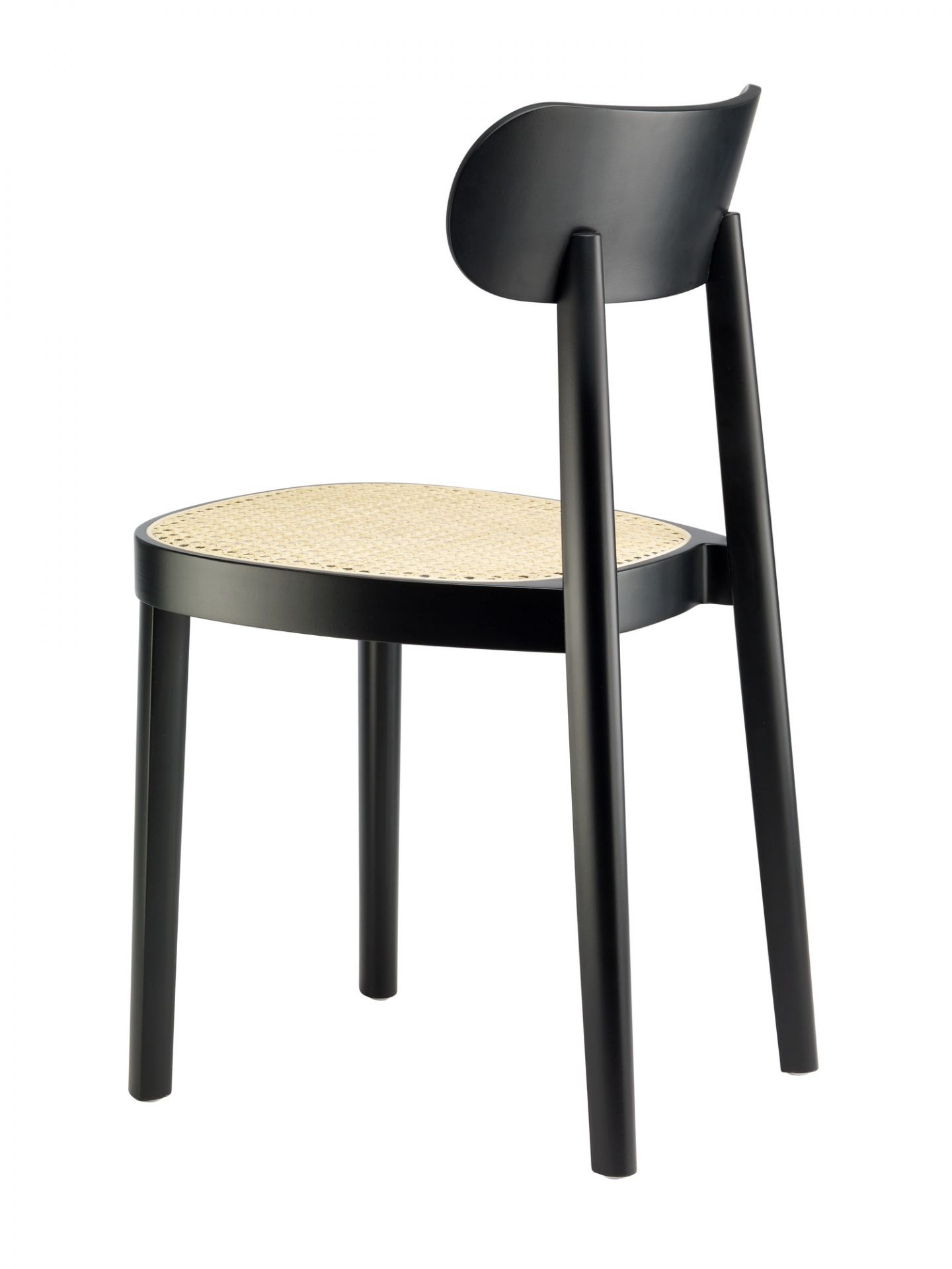 Schwarzer Holzstuhl 118 von Thonet mit Wiener Geflecht Sitzfläche, Ansicht von hinten. Designstuhl für Esszimmer und Wohnbereich.