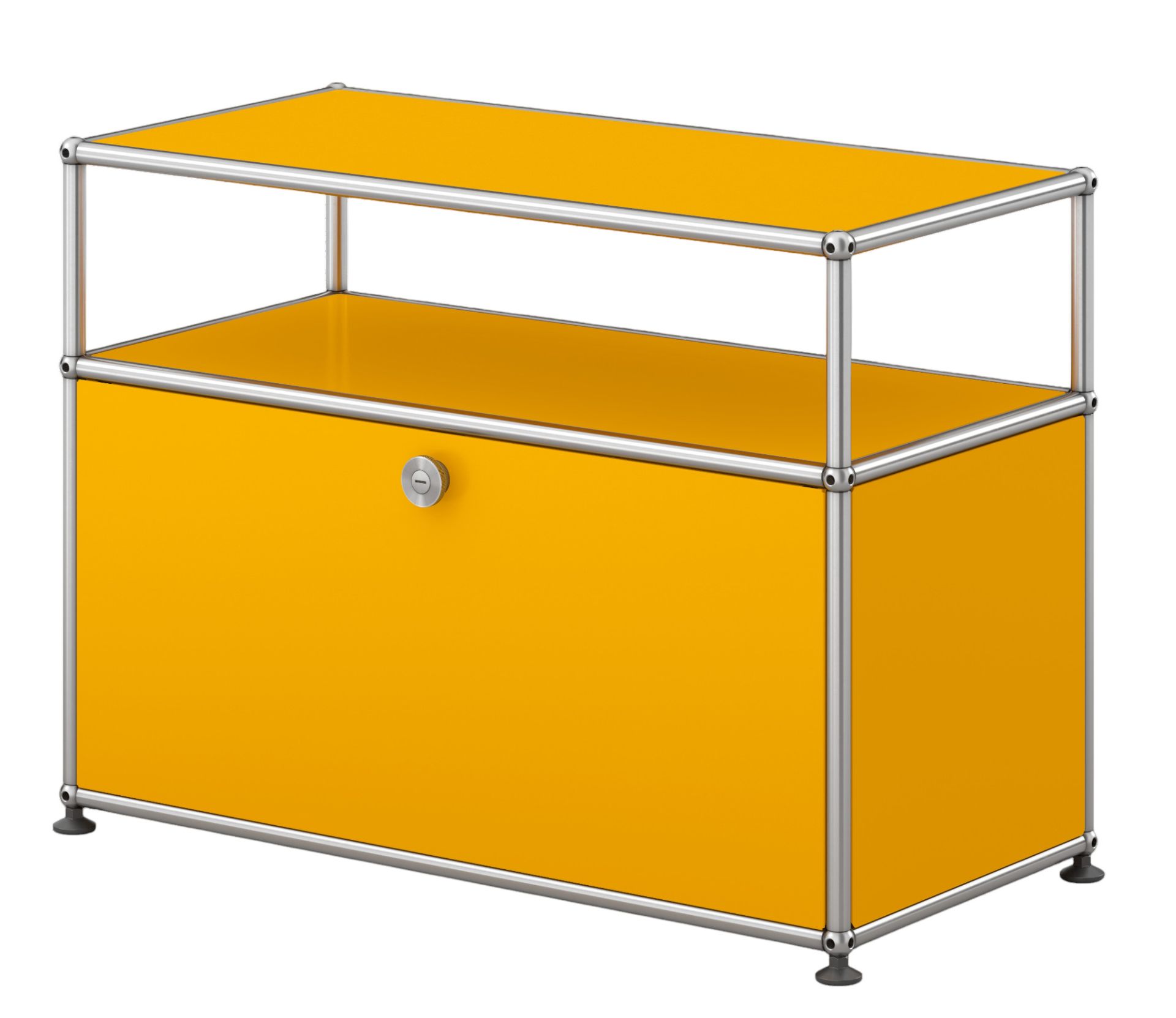 Goldgelbes USM Haller Beistellmöbel mit einer Klappe und verchromtem Gestell, modernes Design für Wohnen und Büro.
