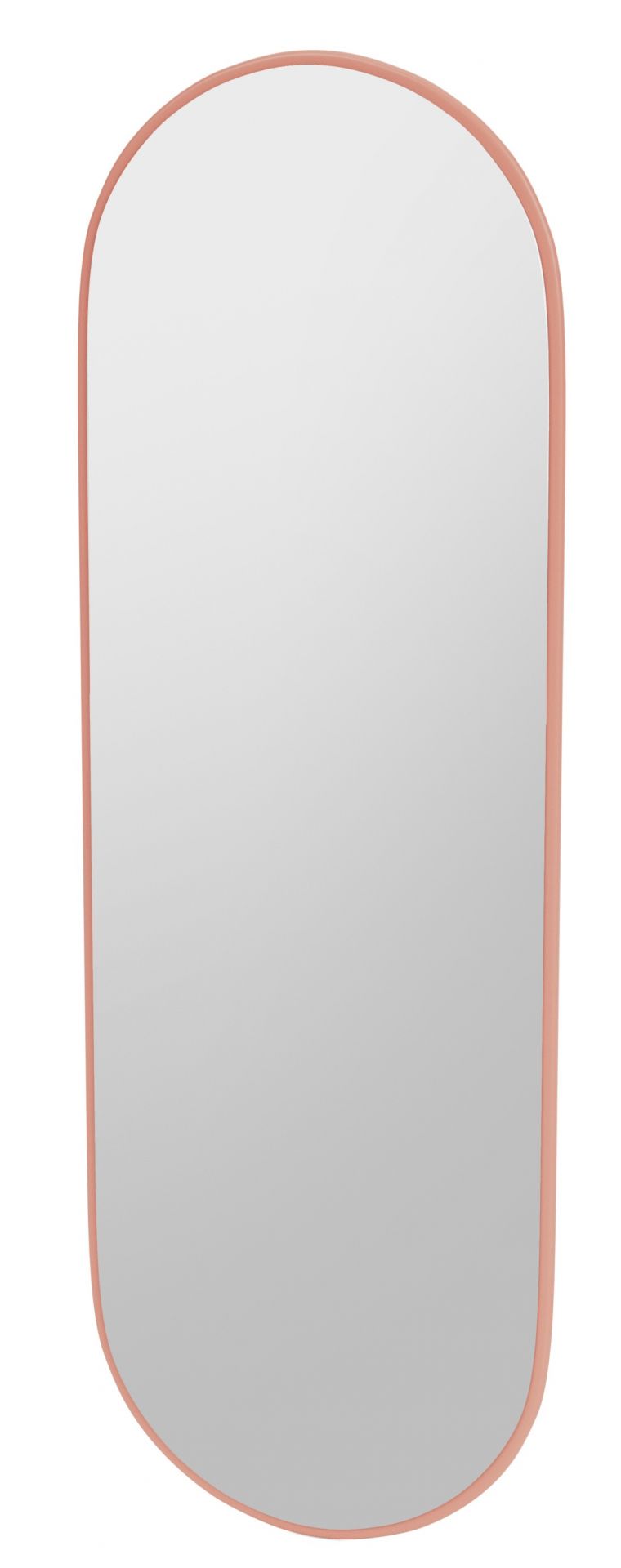 Länglicher Spiegel "Montana Rhubarb" mit abgerundeten Ecken und rosafarbenem Rahmen. Dekospiegel für Wandmontage.