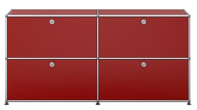 USM Haller Sideboard in Rubinrot mit vier Klappen und verchromtem Gestell, modernes Designmöbel.