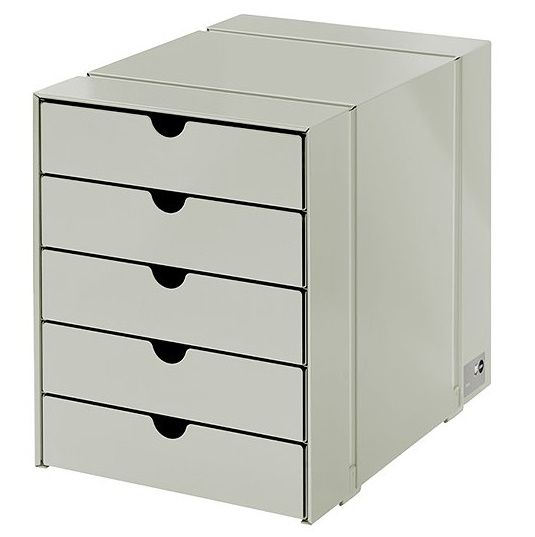 USM Haller Inos Kastenset C4 in Lichtgrau mit fünf geschlossenen Schalen für Büro und Zuhause.