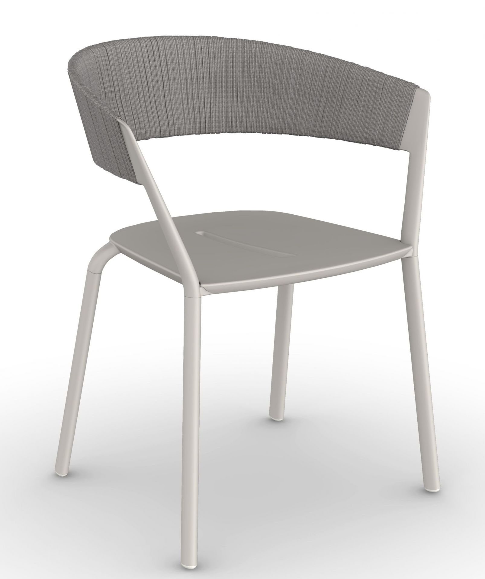 Grauer Ria Stuhl mit Armlehnen und modernem Design für Esszimmer oder Terrasse.